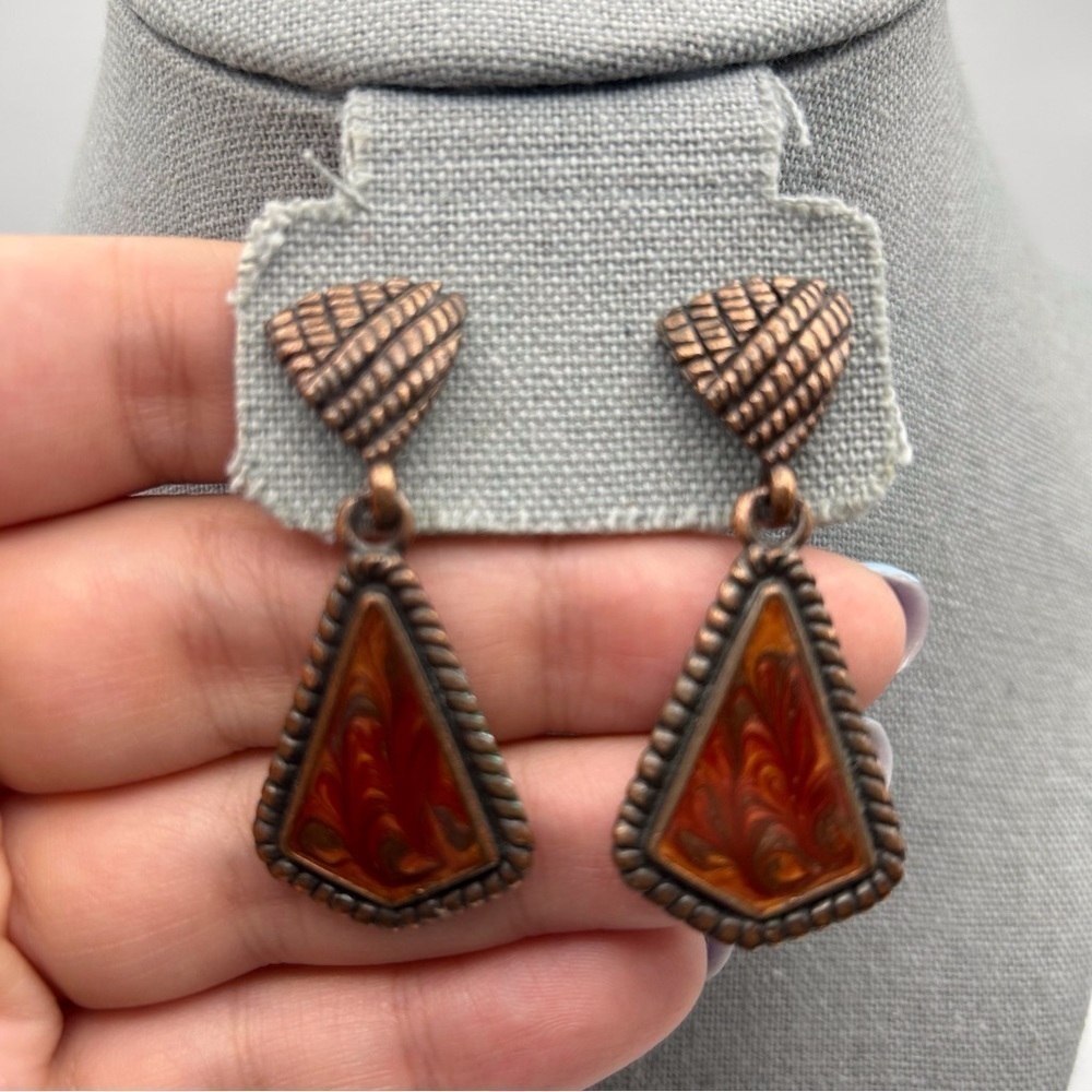Bronze Triangle Shaped Stud Dangle Earrings with Orange and Red Marble Swirl